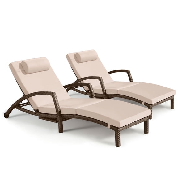 zzw Wicker Outdoor Chaise Lounge with Adjustable Back, Cup Holder and Thick Cushion, Brown Khaki