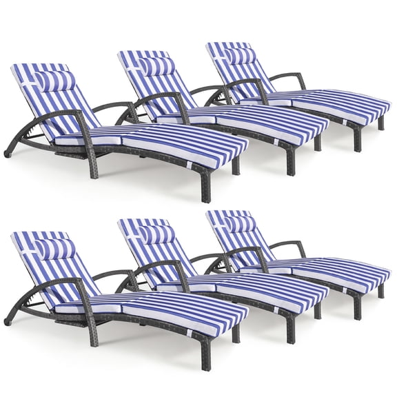 zzw Wicker Outdoor Chaise Lounge with Adjustable Back, Cup Holder and Thick Cushion, Gray Blue White