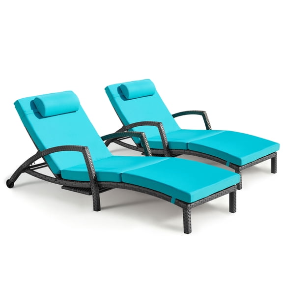 zzw Wicker Outdoor Chaise Lounge with Adjustable Back, Cup Holder and Thick Cushion, Gray LightBlue