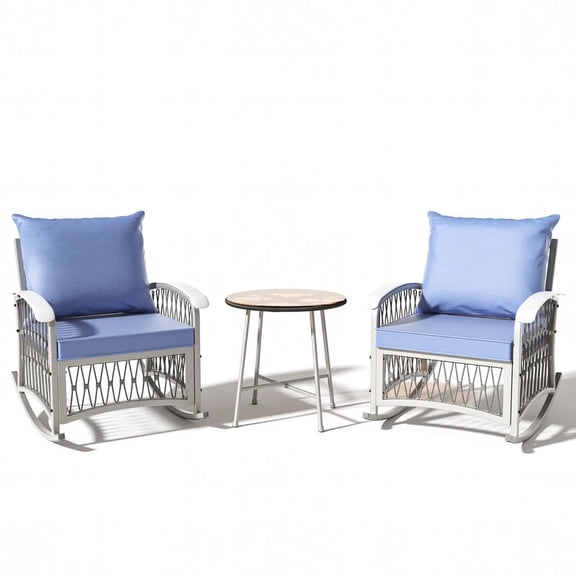 zzw Wicker Outdoor Glider Chair and Glass Table Set - Set of 3, Gray Blue